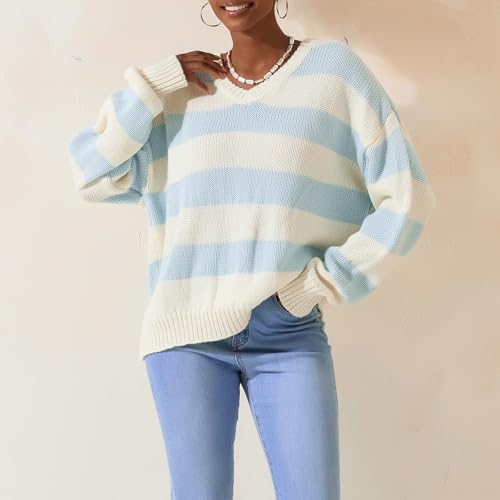 Image of Women Striped Chunky Knit Sweater Drop Shoulder Long Sleeve V-Neck Oversized Sweater Pullover Loose Knit Jumper Top