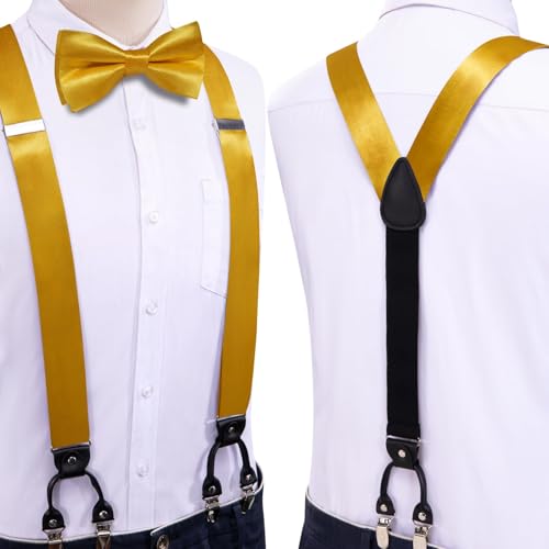 Image of Hi-Tie Men Suspender Bowtie Set Suspenders Pre-tied Bow Tie Pocket Square Cufflinks Adjustable Y Shape 6 Clips Braces Tuxedo