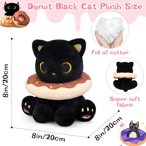 Image of Black Cat Plush, 8inch Donut Black Cat Stuffed Animal Cute Plushies Toys for Girls Boys, Kawaii Kitten Plushie for Kids Adult, Birthday