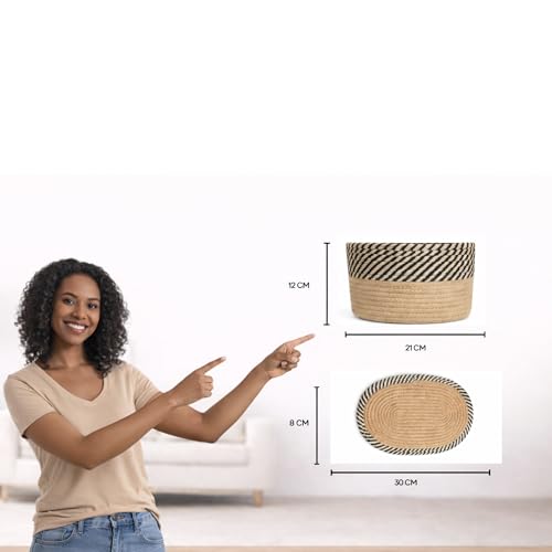 Image of Remote Stand for Table | Cotton Rope Storage Basket for Makeup Organisers, Coffee Table Organiser & Remote Holder for Living Room | Eco-Friendly Dual-Tone Organizer with Mat (ZEB-Black & Beige)