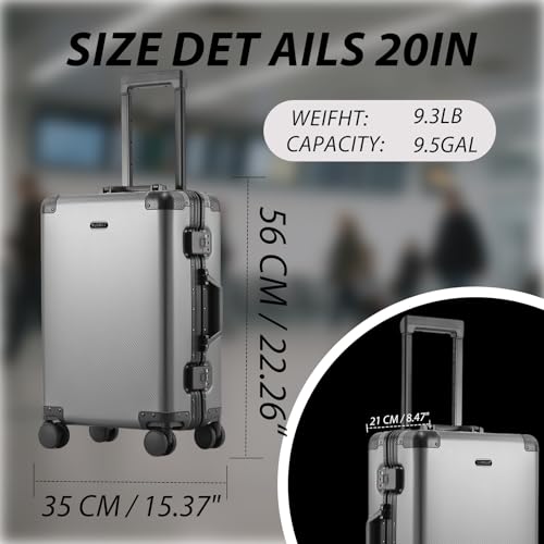 Tmore Aluminum Frame Luggage with No Need to Check in, Hardside Suitcase with Spinner Wheels, Metal Travel Luggage with Double Tsa Locks, 20 Inch, Gray Small2