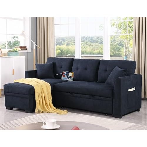 FANYE L-Shaped Reversible Pull Out Sleep Sofabed, Modern Velvet Upholstered Tufted Sleeper Sectional Sofa with Storage Chaise, USB Charging Ports, Side Pockets and 2 Pillows for Living Room