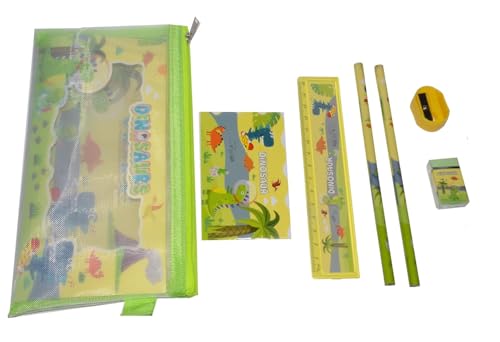 Image of Crackles Birthday Return Gifts Cartoon Stationery Set for Kids Contatining A Ruler, two Pencils, Sharpener, Erasera and a mini note pad in pouch - Pack of 6