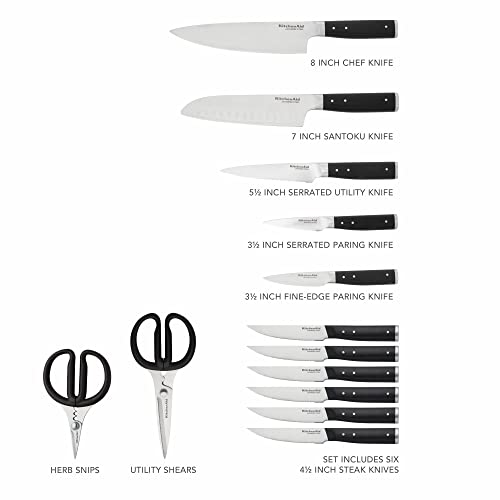 Kitchenaid Gourmet 14 Piece Forged Triple Rivet Knife Block Set With Built In Knife Sharpener, High Carbon Japanese Stainless Steel Kitchen Knives, Sharp Kitchen Knife Set With Block, Birchwood #TOP6