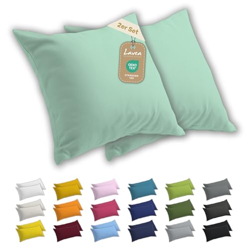 Lavea 2er Set Kissenbezug 60x60 Kissenhülle Sparpack 100% Baumwolle Jersey Kissenbezug Baumwolle Kissenbezüge 2 Stück Oeko-Tex Zertifiziert YKK-Reißverschluss Hautfreundlich Eukalyptus