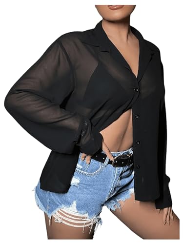 GORGLITTER Damen Durchsichtige Bluse Drop Shoulder Cadigen Knöpfen Blusen Casaul Oberteile Oversized Hemdbluse Schwarz L