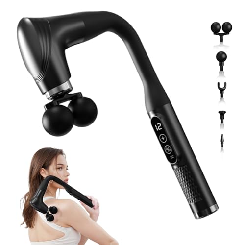 WRQIOO U-förmige Massagepistole, Doppelkopf Massagepistole mit Verlängerungs Griff, 5 Köpfen, 12 Krafteinstellung, Type-C Schnelles Laden, Rücken Massage-pistole für Nacken, Schulter, Bein