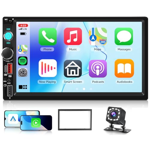 Hodozzy Radio Coche 2 DIN con CarPlay Inalámbrico Android Auto, 2 USB/USB-C, Pantalla de 7 Pulgadas, Bluetooth, Salida de Vídeo, Radio AUX/FM y Cámara de Visión Trasera