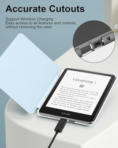 جراب حماية جلد بتصميم رفيع وشفاف مضاد للصدمات بخاصية النوم والتنشيط التلقائي لجهاز القراءة Kindle بيبر وايت الجيل 12 إصدار 2024 مقاس 7 بوصة وكيندل كولورسوفت سيجنتشر من تي تيرسيلي (أزرق)