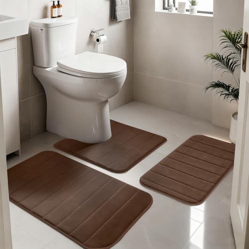 NAKIHOUSE Juego de 3 alfombrillas de baño antideslizantes de lujo de espuma viscoelástica gruesa, absorbentes de agua, suaves, lavables a máquina, para suelo de baño, color café