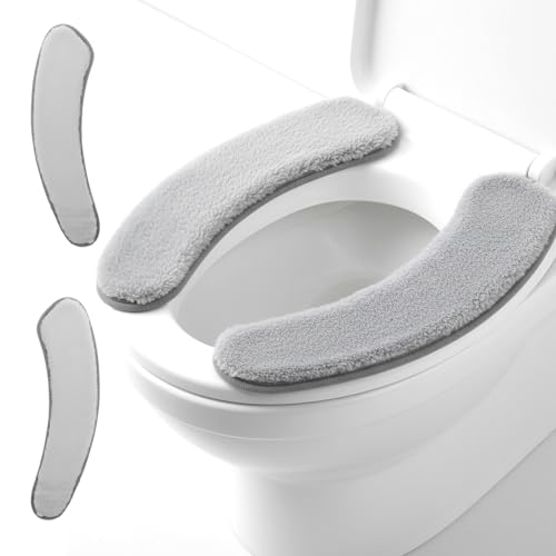 2 PCS Thick and Elastic Toilet Seat Cushion Cover, Washable Soft Padded Toilet Seat Elongated, Easy Install with Double-Sided Hook and Loop Fastener, Seats Mat Cushions for Elderly, Seniors (Gray)
