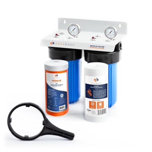 Aquaboon 2-Stage Whole House Water Filtration System with 5 Micron 10x4.5 Reducing Sediment and KDF Heavy Metals Water Filter Purification Cartrige, Pressure Gauges, Wrench, Bracket