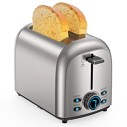 Tognutel Toaster 2 Slice , Upgraded Stainless Steel Toaster, Extra Wide Slot Bread Toaster with Bagel Defrost Reheat Cancel Function , 7 Browning Settings, LED Display, 850W 120V