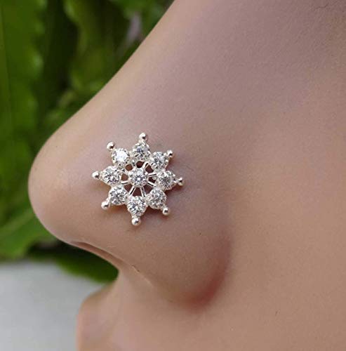 Sunflower Nose Piercing,Sterling Silver Nose Stud,Thanksgiving Gifts,Diamond Nose Stud,Crystal Nose Jewelry,L Shape Nose Piercing,Flower Nose Pin,Wedding Nose Hoop,Cubic Zirconia Nose Pin (TEJ179)
