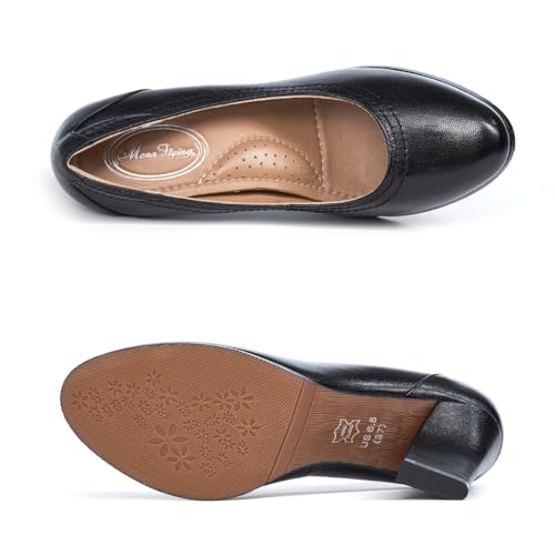 Mona flying Women's Leather Closed Round Toe 3 inch Chunky High Heel Pumps Formal Court Shoes Office Work Dress Shoes for Ladies4