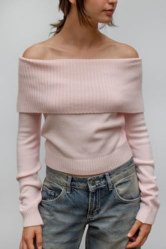 Women Fold Over Sweater Fall Off Shoulder Long Sleeve Oversized Cozy Pullover Knit Sweaters Y2K Girls Trendy Tops4