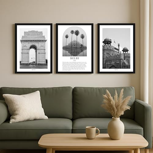 Image of PAINTINGMANTRA Wall Art for Home A3 Delhi Wall Art Prints Pack of 3 Framed Wall Decor Featuring Heritage Landmarks, Red Fort Photography Wall Art for Living Room, Bedroom, Office (32x44 cm)