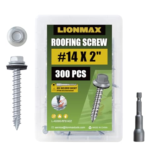 LIONMAX Metal Roofing Screws #14 x 2 Inch, 300-PCS, with Rubber Washer