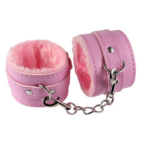 Punk Fluffy Wrist Leather Handcuffs Bracelet Soft Plush Lining Wrist Handcuffs Bracelet Leg Cuffs Role Play Exercise Bands Leash Detachable for Home Yoga Gyms Party Cosplay Jewelry Gift-Pink