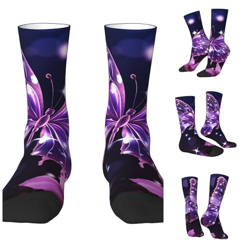 LZQPOEAS Cute Purple Butterfly Athletic Socks Unisex Cushioned Crew Socks Hiking Running Calf Sock Soft Above Ankle Sock