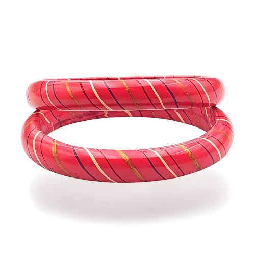 Image of Traditional Rajasthani Lac Bangles for Women and Girls, Jaipuri Lahariya Design Lakh Lah Kada, Multicolor Striped Pattern, Red Green Maroon Sky Blue Pink Purple Yellow Grey Set of 2
