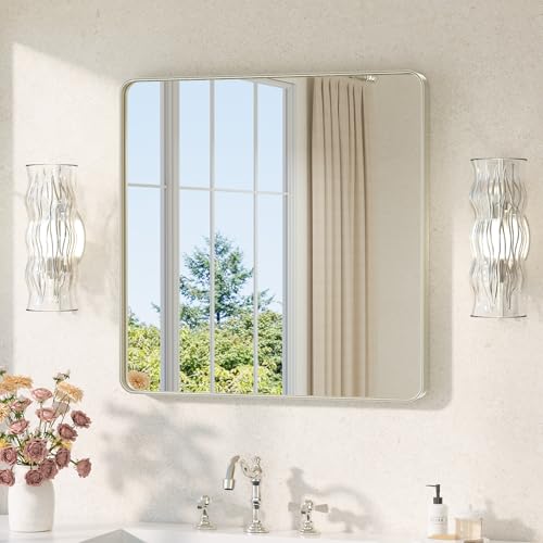 Image of TETOTE Brushed Nickel Bathroom Mirror 30 x 30 Brushed Nickel Metal Framed Bathroom Mirror, Tempered Glass, Modern Farmhouse Wall Mounted Mirror for Decorative(Horizontal /Vertical)