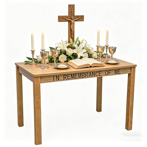 FixtureDisplays HOLYS 45" L x 28" D x 29" H Church Holy Communion Table Christian Wood Breakfast Writing Desk in Remembrance of Me 11462