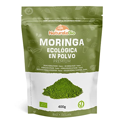 Moringa Oleifera Ecológica en Polvo - Grado Premium - de 400g. Moringa Powder Organica. Bio, Natural y Pura. Hojas Recogidas de la Planta de Moringa Oleífera. NaturaleBio