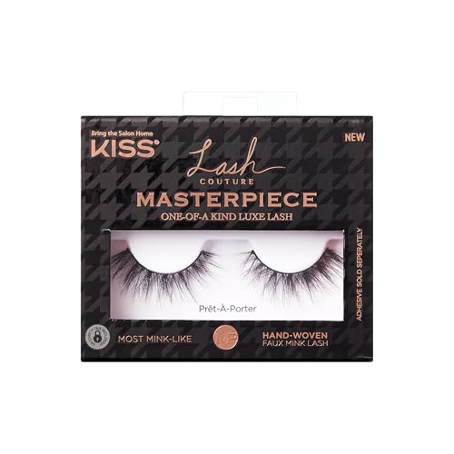 KISS Lash Couture Masterpiece Hand-Woven Faux Mink False Eyelashes, Style ‘Prêt-À-Porter’, 12mm, Easy to Apply, Reusable, Vegan, Cruelty Free, 1 Pair Strip Lashes