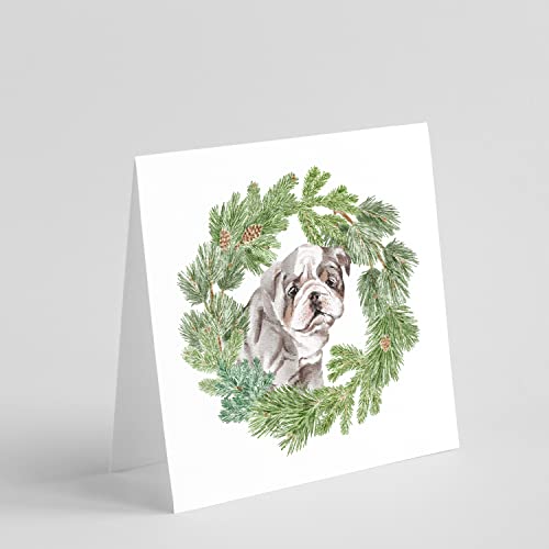 Caroline's Treasures CK8842GC55 Bulldog Lilac Puppy Christmas Wreath Square Greeting Cards and Envelopes Pack of 8 Blank Cards with Envelopes Blank Thank You Note Greeting Cards Stationery 5x5 Square