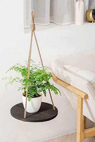 Dahey Hanging Plant Shelf Round Wood Rope Hanging Floating Shelf Vintage Home Decor Display Planter Rack For Living Room Bedroom Kitchen, Dark Brown #TOP4