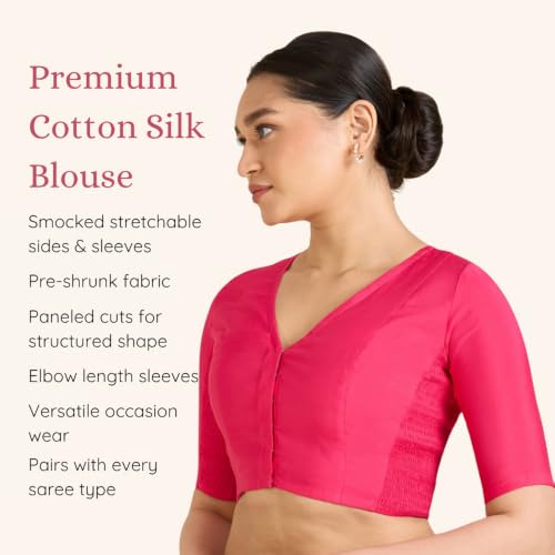 Image of Studio Shringaar Women's Cotton Stretchable (Smocked) Readymade Saree Blouse