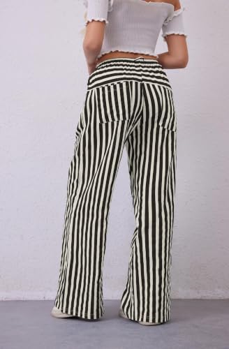 Image of MISSACTIVER Women Drawstring Striped Pants Loose Fit Wide Leg Trousers Casual Low Waist Pants Comfy Lounge Pants with Pockets Black White
