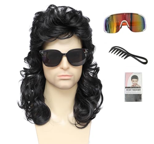 Image of Men's 70s 80s Rock Mullet Wig, Black Wavy Mullet Wig with Sunglasses & Comb for Halloween Costume Party (Black)