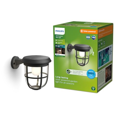 Philips Solar LED 1-Pack Ultra-Efficient Wall Lantern - Radii, Dusk to Dawn, Automatically Linkable, Daylight and Motion Sensor, 3000K Bright White Light, IP44, Black