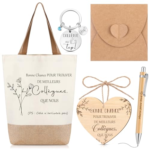 Xuniea 6 Pièces Set Cadeaux Départ Collègue de Travail Sac de Courses Sac Cabas en Coton Lin Cadeau Merci Adieu Retraite Noël Carte de Bois Forme Coeur...