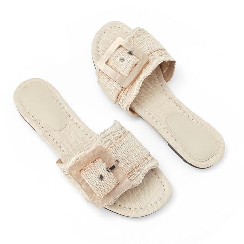Image of ZJGZF Raffia Sandals for Women Buckle Straw flats Woven Braided Rattan Slides Summer Beach Sandals Comfort Cute Shoes