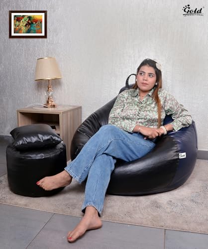 Image of Gold 4XL Bean Bag Combo with Footstool & Cushion | Faux Leather Teardrop Bean Bag for Adults & Teens | Pre-Filled with Beans | Home, Bedroom, Living Room, Office (4XL - Navy Blue & Black)