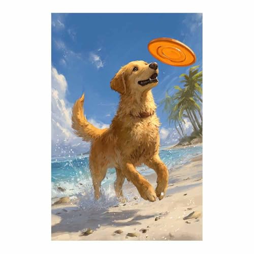 Poster chien rigolo au frisbee - Déco murale moderne de salle de bain 40x60cm sans cadre