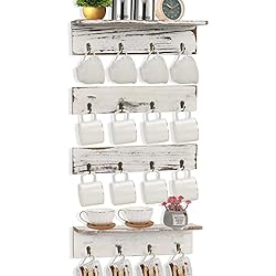 Estanteria Tazas JUJOYBD Soporte para tazas de pared, estante colgante para tazas con 16 ganchos, estante de madera para tazas de café, juego de 4 perchas, color blanco vintage