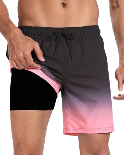 Image of Mens Swim Trunks, Quick Dry Swimming Shorts with 4 Pockets | 2 In 1 Design, Built-In Compression Liner, Adjustable Waistband, Light and Breathable, Summer Vacation Board Bathing Suit