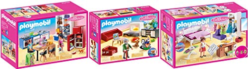 geobra Brandstätter PLAYMOBIL® Dollhouse 3er Set 70206 70207 70208 Familienküche + Gemütliches Wohnzimmer + Schlafzimmer mit Nähecke