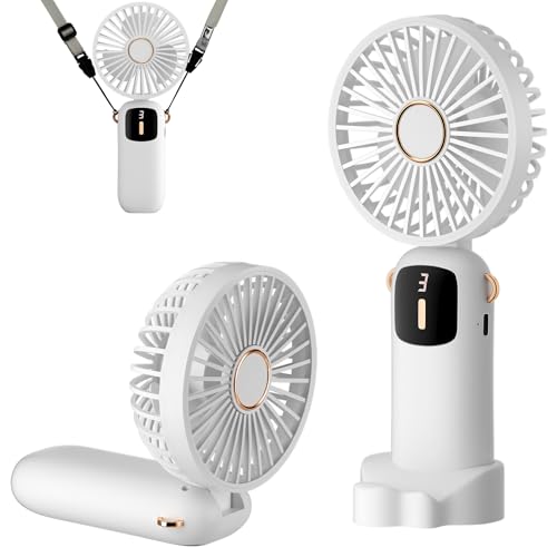 HUAXITRA Handheld Fan, Mini Portable Fan Handheld with 5 Speeds, 180°Adjustable Mini Fan Hand Held Fans Foldable Desk Desktop Fans with Smart Display for Home Office Bedroom Outdoor Travel (White)