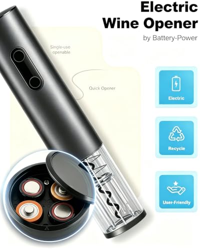 Image of PEIPU Electric Wine Opener Set, Battery Operated 5-in-1 Wine Gifts for Wine Lovers with Storage Base, Foil Cutter, Wine Aerator Pourer & Vacuum Stoppers, Dark Grey
