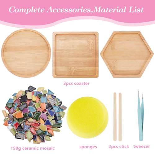 WEBEEDY 3 Sets DIY Ceramic Mosaic Coaster Mosaic Tiles Pieces with Bamboo Coaster,Mosaic Making Kit with Instruction for Adult Beginner,Mosaic Supplies for Coaster Handmade Home Decoration Gift - Image 2