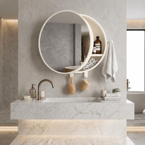 Image of CIPLA PLAST Rich Look Bathroom Cabinet with Mirror | Storage Organiser | Strong Plastic Bathroom Shelves Wall Mounted | Bathroom Accessories| Mirror Cabinet (2, Ivory, Round)