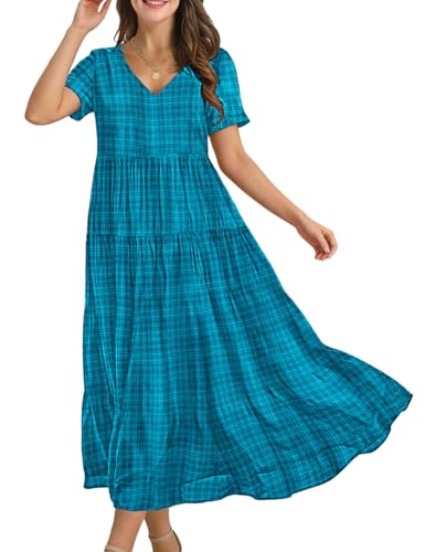 Image of YESNO Women's Summer Maxi Dresses Casual Floral Short Sleeve V Neck Boho Beach Vacation Swing Dress with Pockets EVF