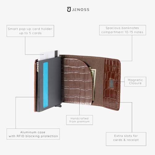 Image of Jenoss Smart Wallet For Men: Full Grain Leather, Handcrafted, Slide Metal Pop Up Case, Slim RFID Blocking Credit Card Holder, Minimalist, Compact, 6-8 Cards Organizers, Front Pocket, Clip (Burgandy)