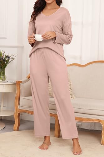 Ekouaer Womens Ribbed Knit Pajamas Set V Neck Long Sleeve Pj Set 2 Piece Loungewear Casual Sleepwear