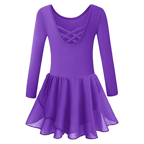 DANSHOW Girlsβ Ballet Dance Leotards with Flutter Sleeve Petal Skirt and Bowknot Back T-royal Purple 8-10 Years